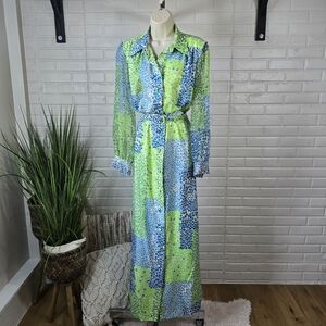 Vintage 1960s Nat Kaplan Green and Blue Belted Button Up Dress